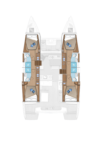 Planta do catamarã Lagoon 46, com as cabines nos dois cascos