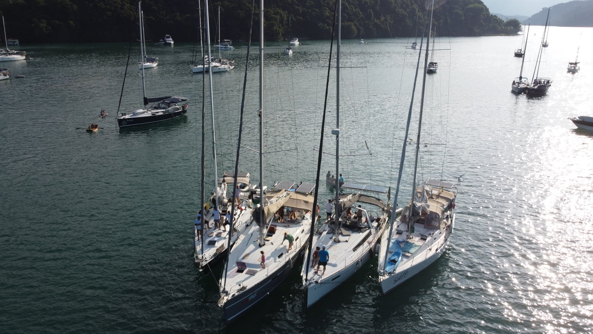 Veleiros do Flip Boat Club reunidos com cotistas em uma enseada