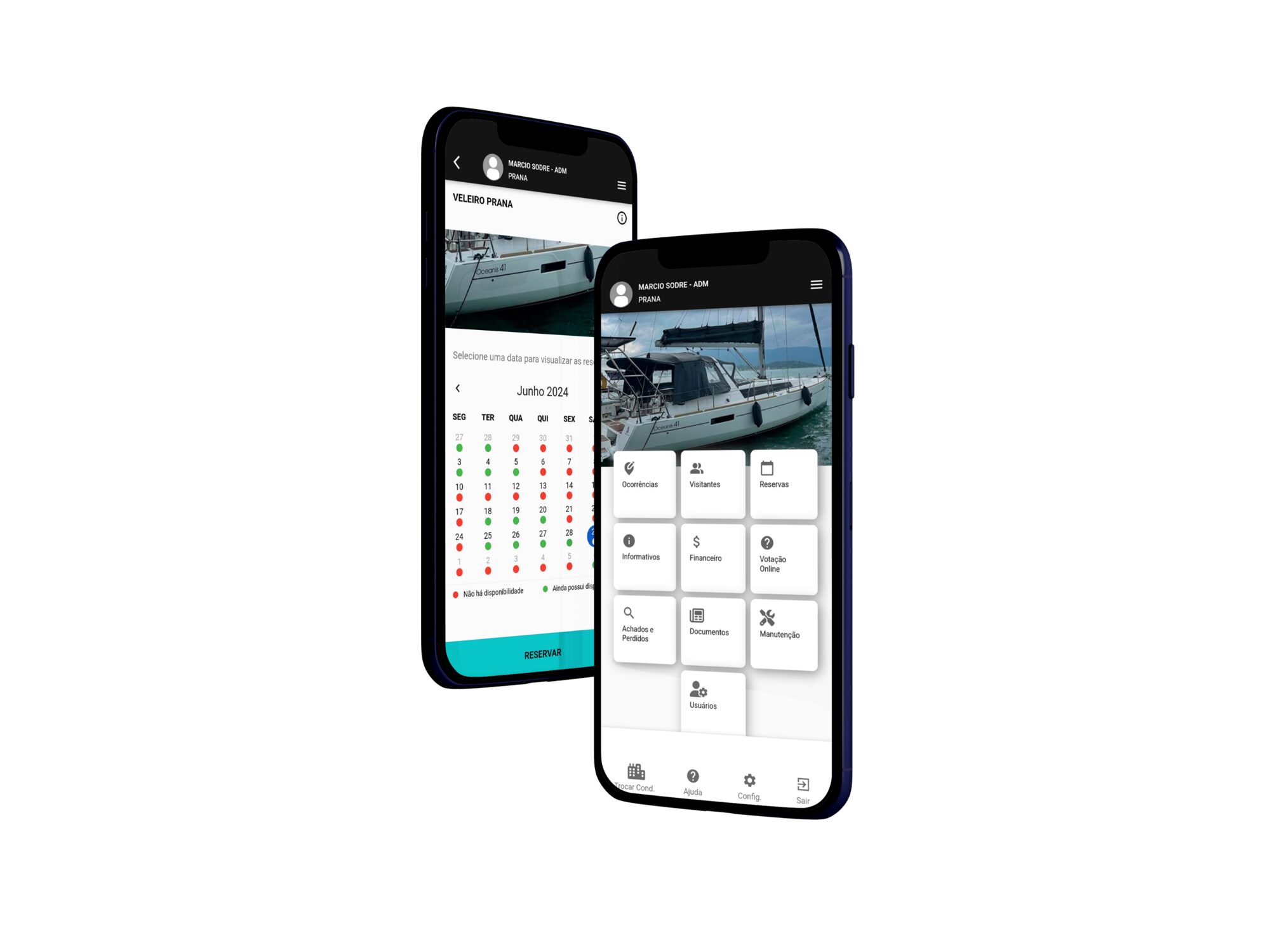 Aplicativo do Flip Boat Club mostrando o calendário de reservas e a área de serviços do barco